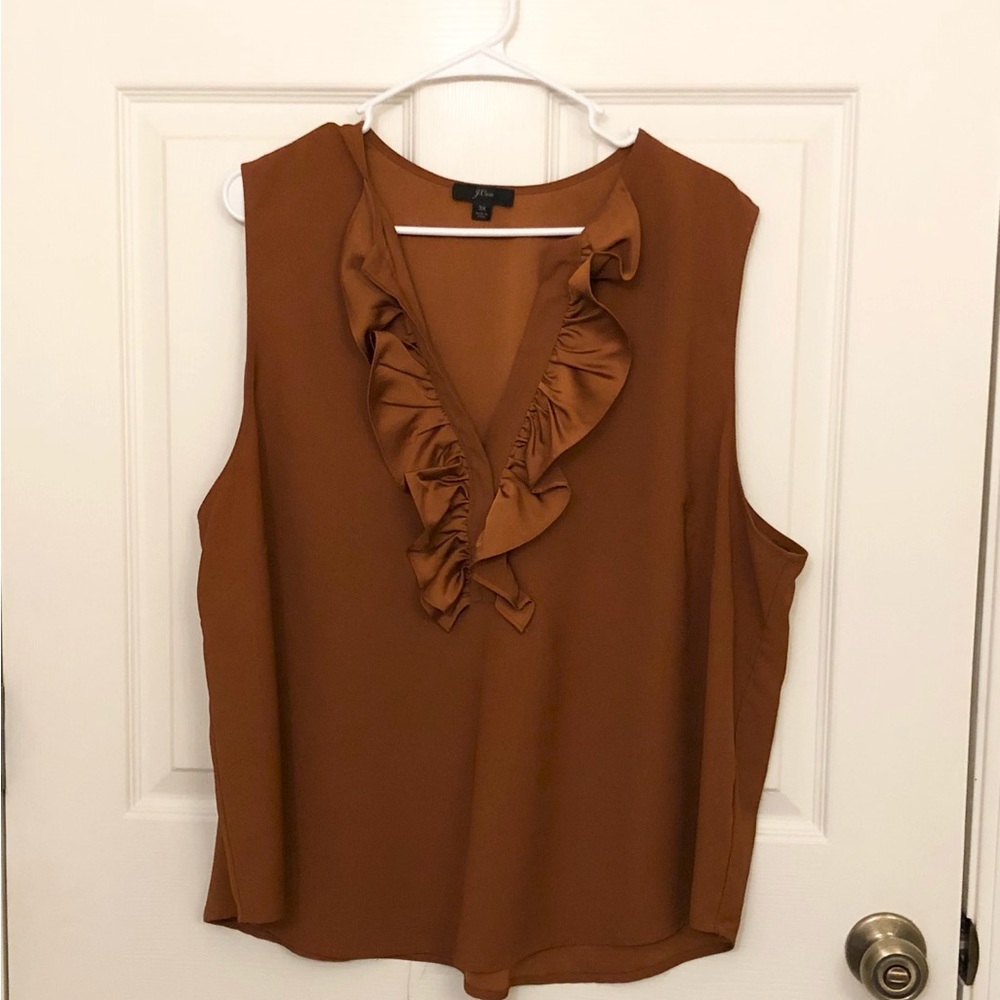 J. Crew Plus Size Ruffled V Neck Top in a beautiful copper color.